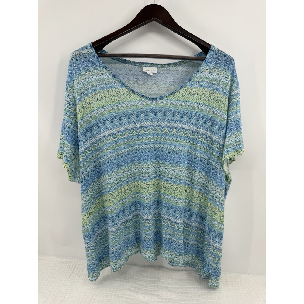 J. Jill Love Linen 100% Linen T Shirt Tee Size 4X Blue Green White‎ Short Sleeve